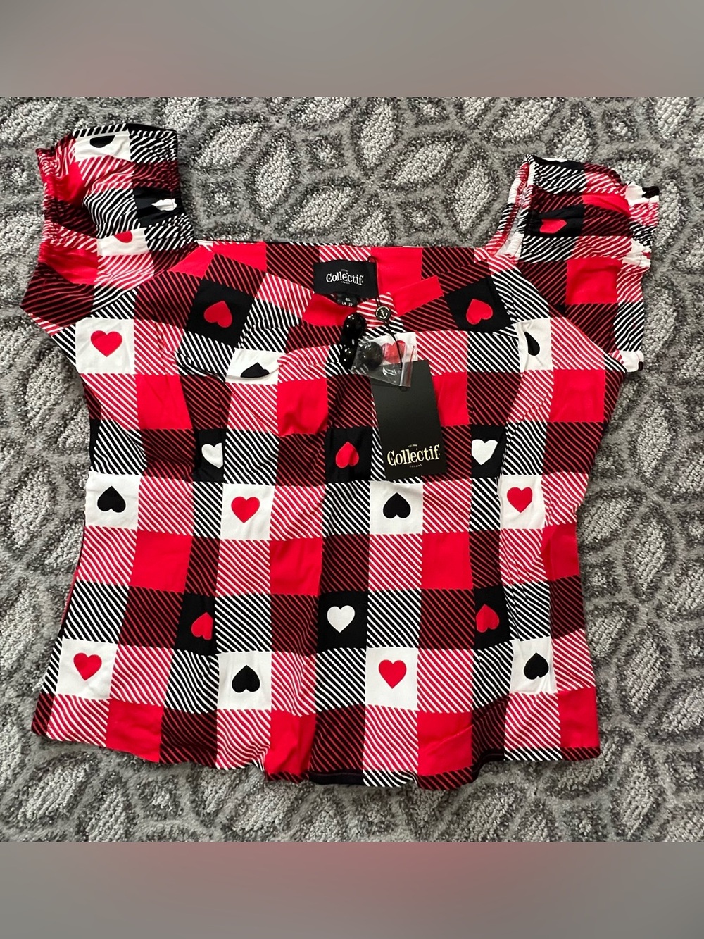 Collectif Dolores Red & Black Heart Plaid Top